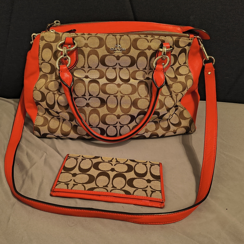Coach Signature Canvas and Red Leather Tote